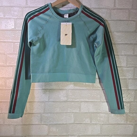 Fabletics Womens L Teal Crop Athletic Stretch w/ Contrast Retro Stripes NWT - Picture 2 of 6